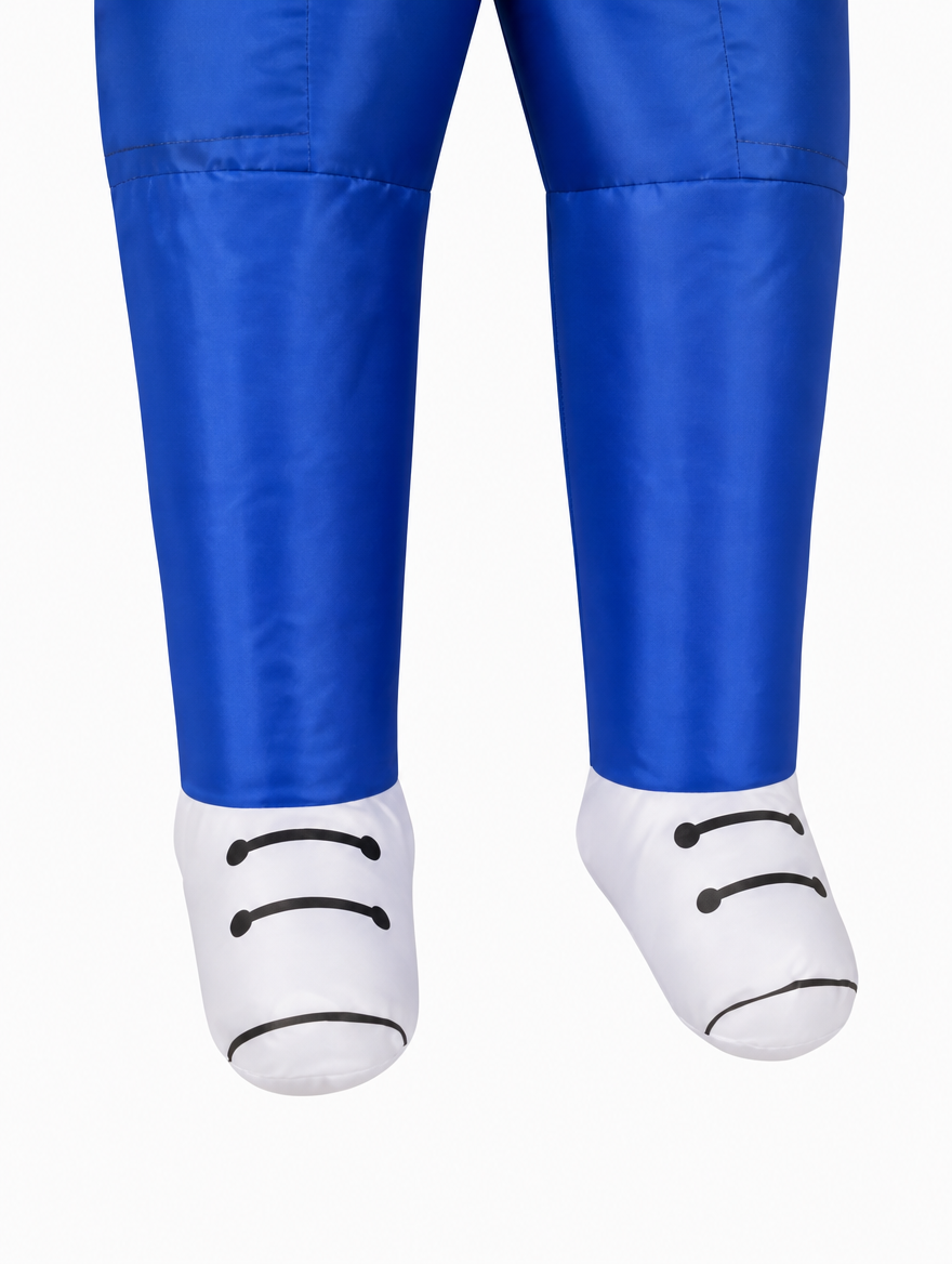 Close up of the dangling dummy legs and white sneakers on the front of the costume