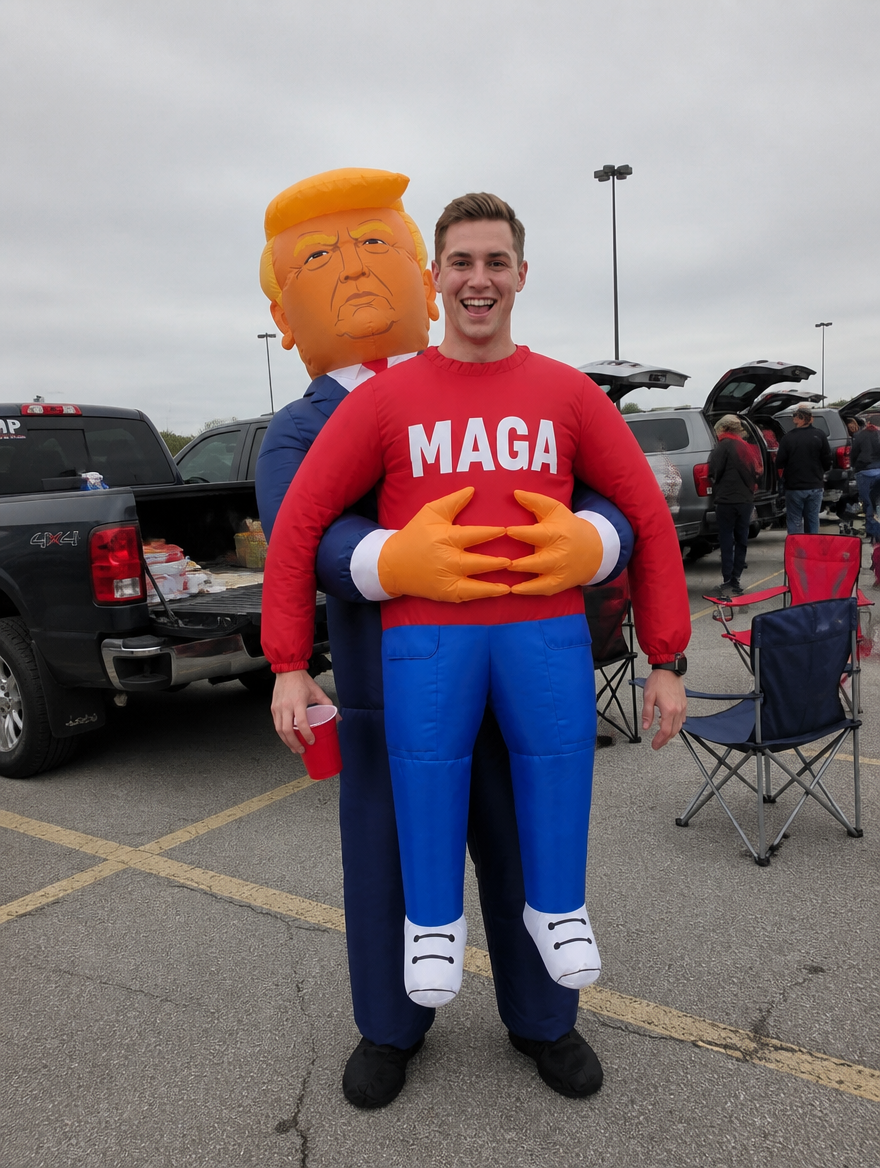 Wearing the inflatable carry-me costume at a stadium tailgate