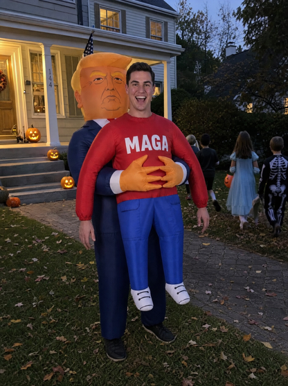Wearing the costume on a front lawn at dusk on Halloween