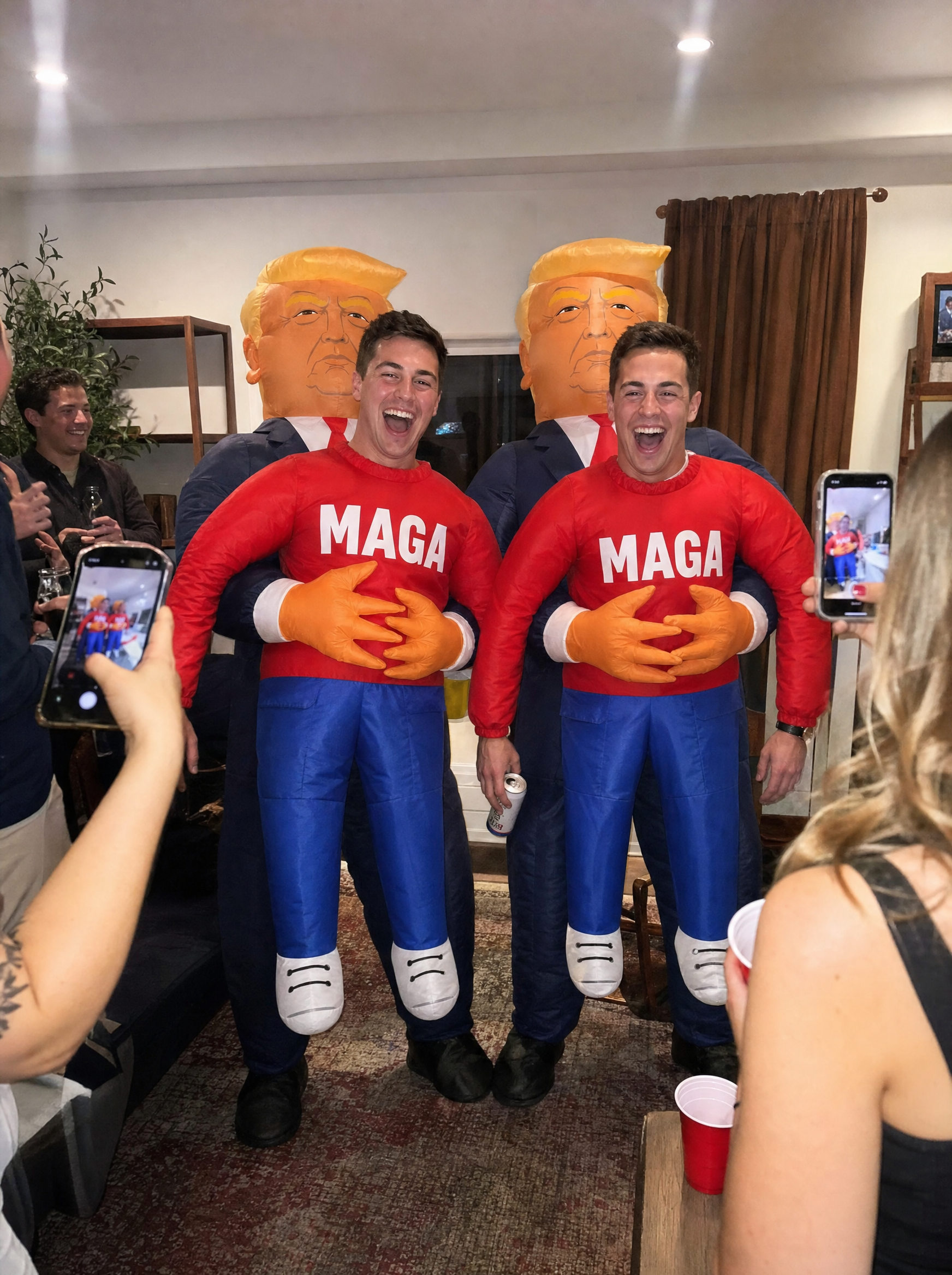 Two friends wearing the costume at a house party while guests film on their phones