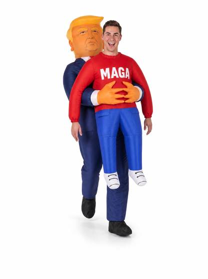 Walking in the inflatable carry-me costume, the dummy legs hang in front