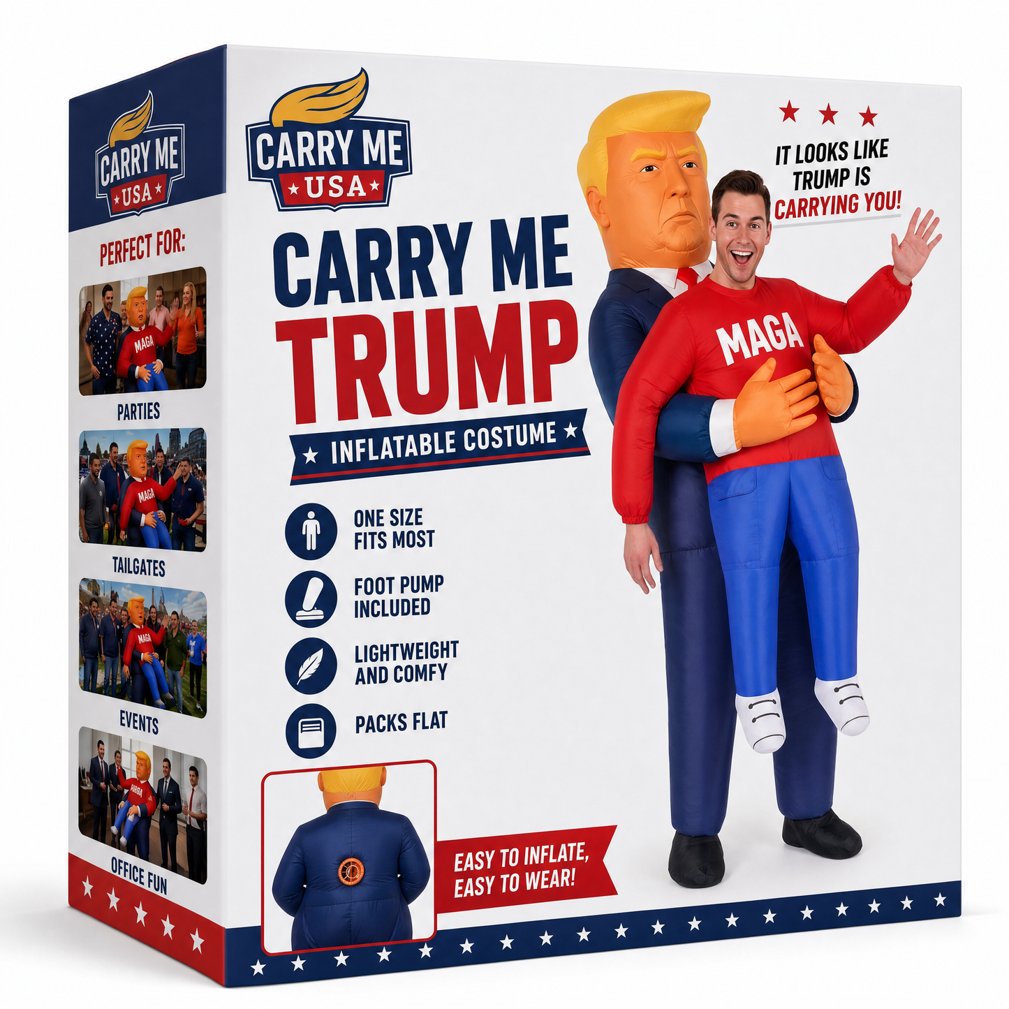 Carry Me USA retail box, one size fits most, foot pump included, packs flat